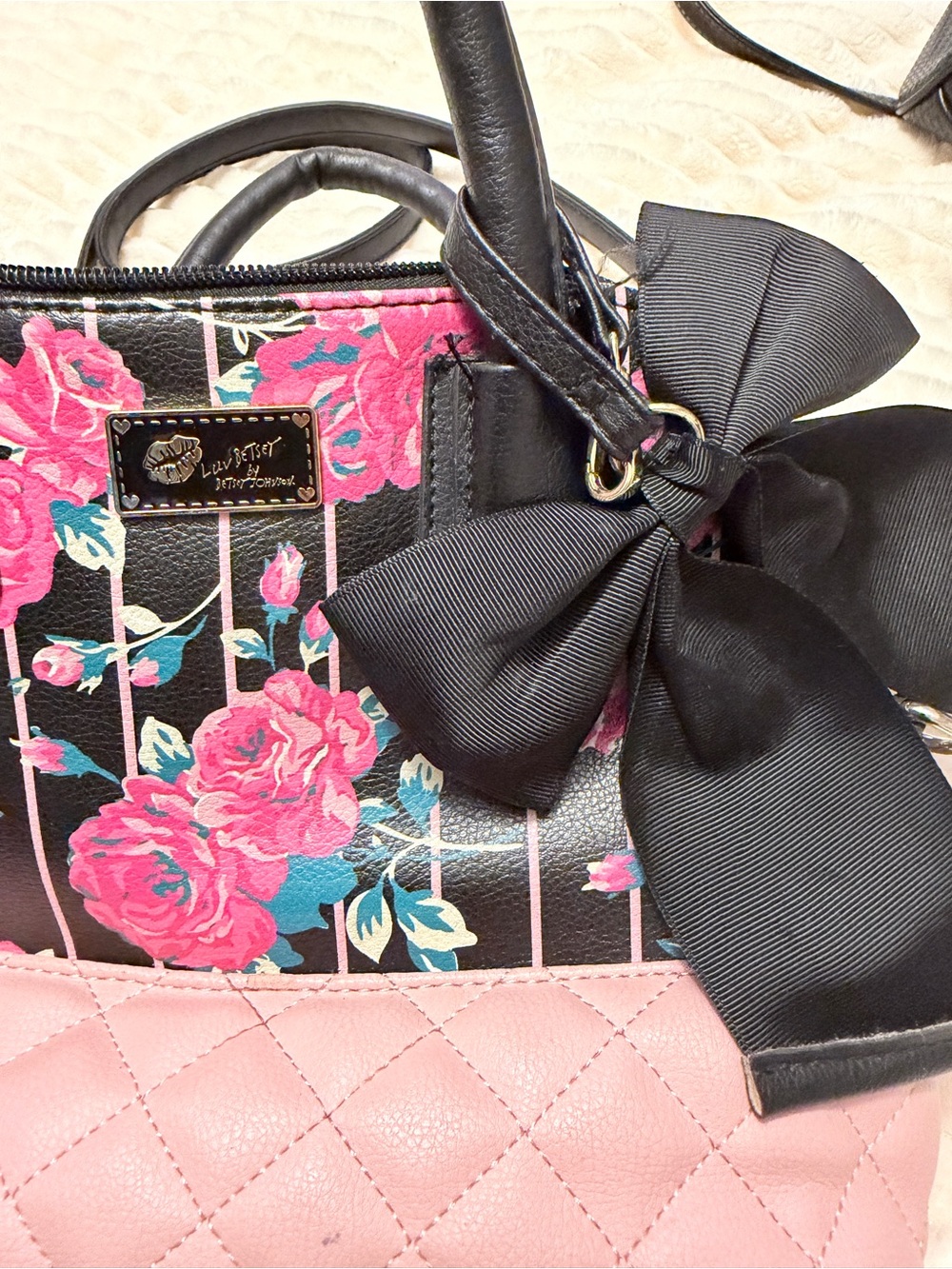 Betsey Johnson Pink Floral Quilted Satchel with Black Bow - Picture 2 of 4
